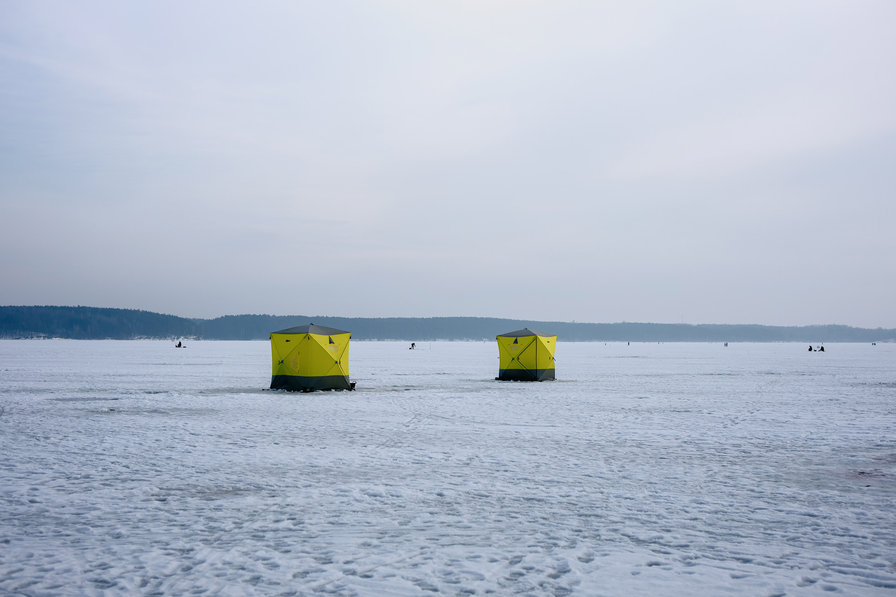 Nuclear reactors? No, just fisherman's tents on a frozen lagoon. Shot at f4.
