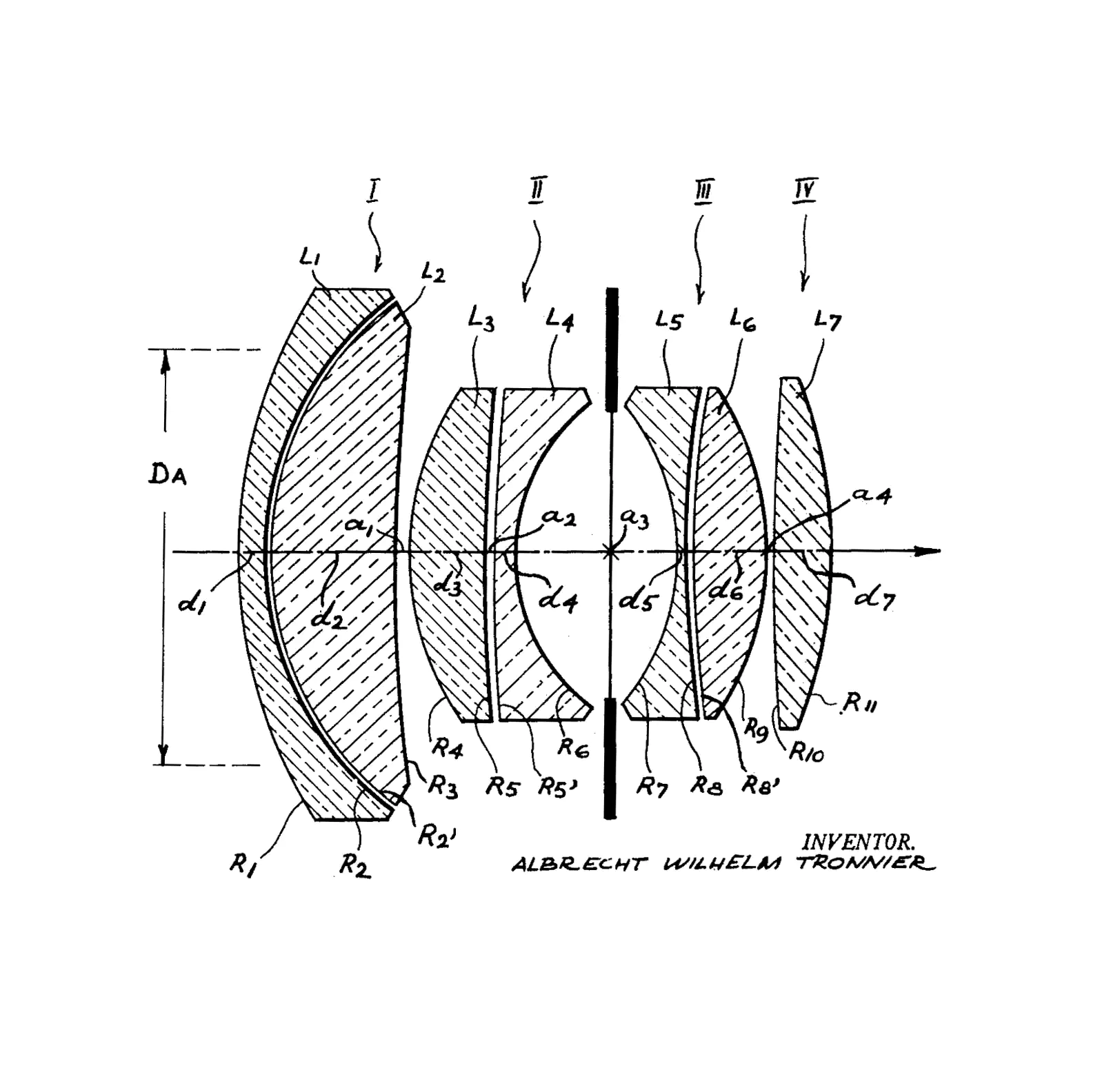Voigtlander Nokton 50mm f1.5 as drawn by A.W. Tronnier in the US Patent 2,645,155