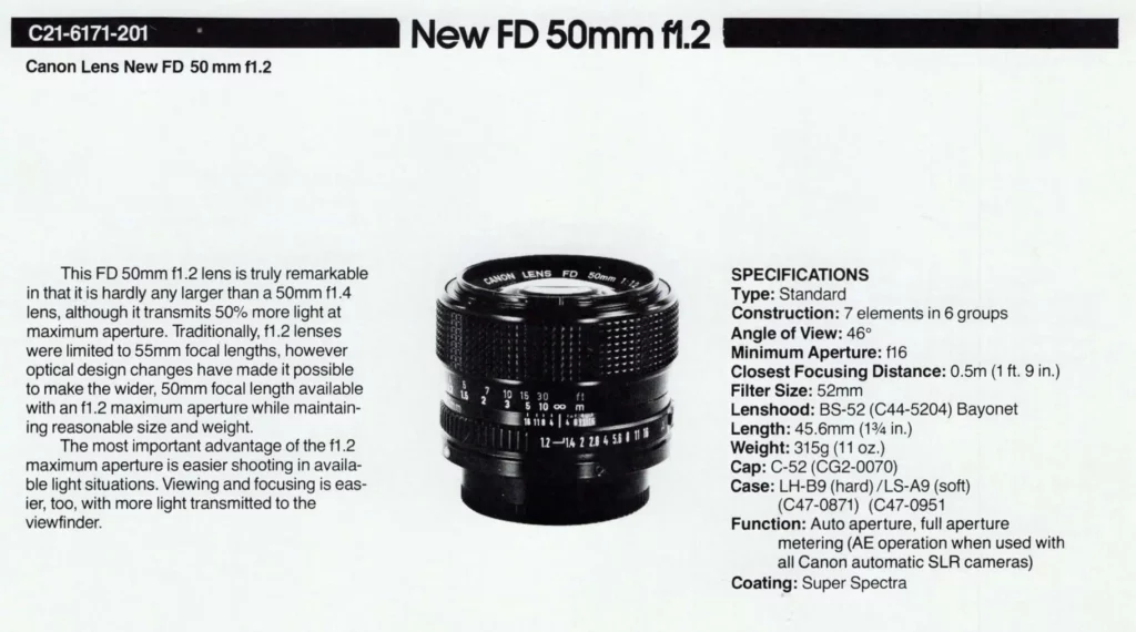 Canon New FD 50mm f1.2 - Specifications